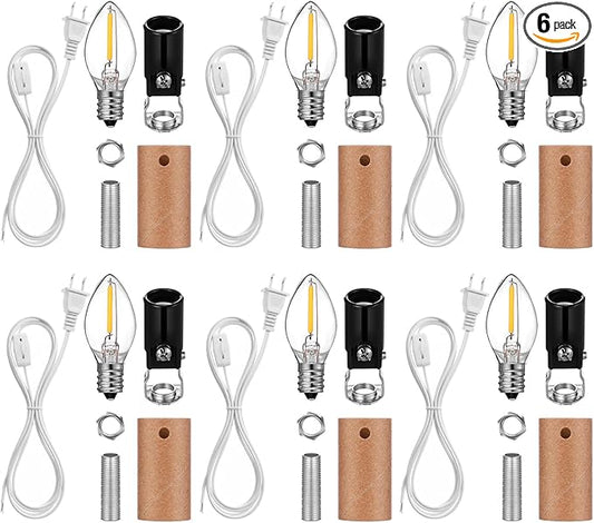 Honoson 6 Pack Small Christmas Tree Wiring Kit with LED Bulb, Ceramic Christmas Tree Replacement Lights, E12 Candelabra Base, Lamp Wiring Kit Nice for Desk Lamp Lighting and DIY Projects
