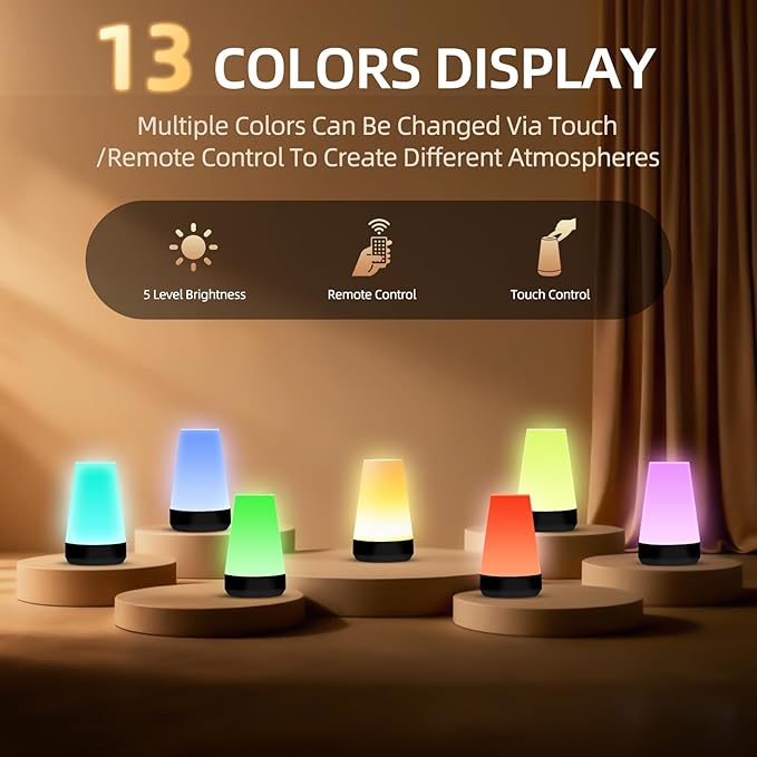 Night Light, Dimmable Touch Lamp and Remote Control, 13 RGB Colors & 5 Brightness, Rechargeable Bedside Table Lamp for Baby Kids Nursery Bedroom Bathroom Camping (Black)