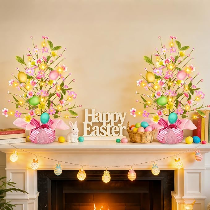 2 Pack & Timer - Easter Decorations, 21 Inch Easter Tree Tabletop with 20 Warm White Lights Battery Operated Large Colorful Eggs Colorful Berries Artificial Tree Easter Decor Spring Home Party