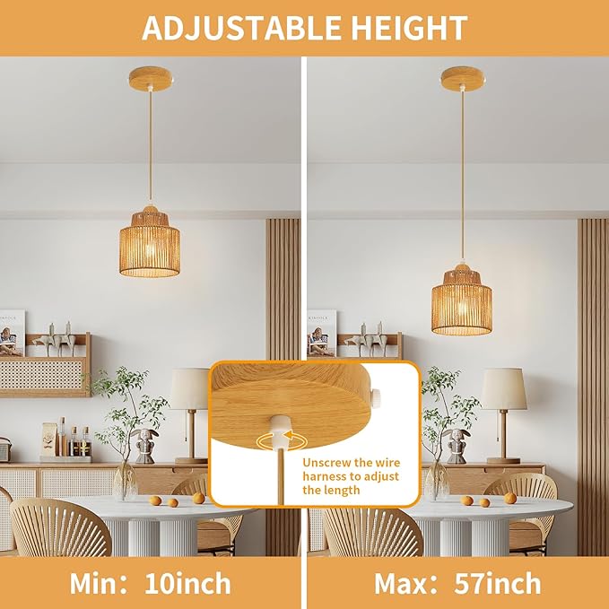 Boho Rattan Pendant Light Kitchen Island,Farmhouse Chandeliers Adjustable Height Hanging lamp for Dining Room,Kitchen Ceiling Lights Fixtures with Round Woven Wicker Lampshade Lighting