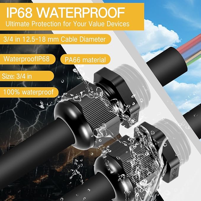 25 Pcs 3/4" NPT Black Nylon Cable Gland, Waterproof IP68 Adjustable Locknut Cable Diameter Waterproof Connectors Black Cord Grip