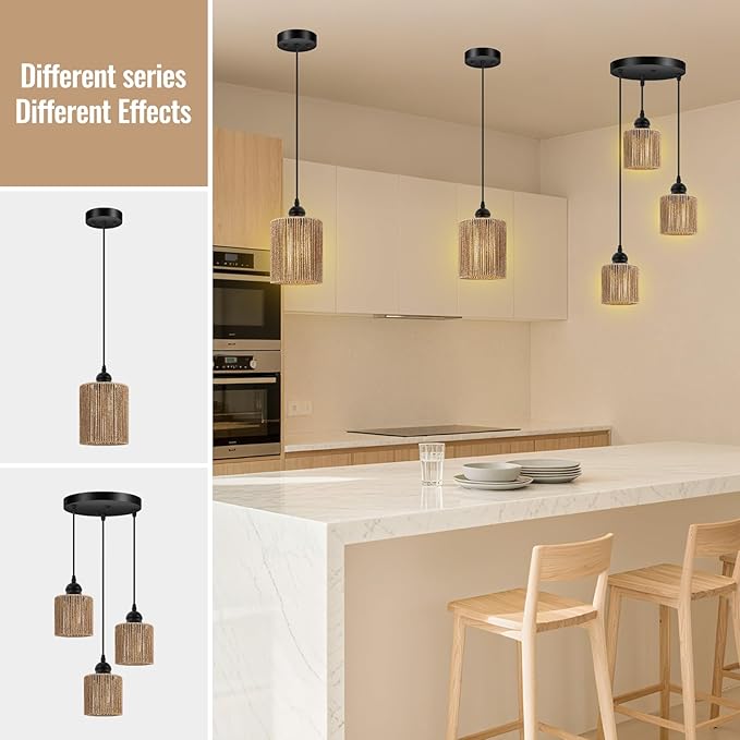 BoostArea Rattan Pendant Lights Kitchen Island, Farmhouse Chandelier with Handwoven Wicker Shade, Adjustable Height Boho Hanging Light for Kitchen Island/Dining Room/Bedroom/Hallway, 1 Pack, No Bulb