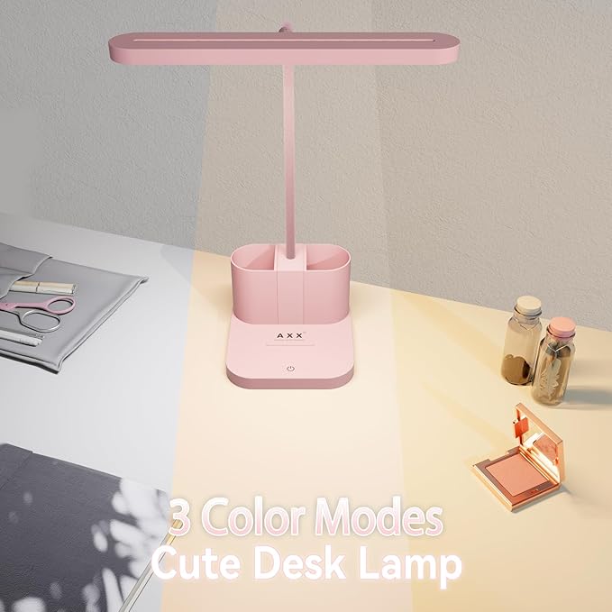AXX Pink Desk Lamp for Home Office, Cute Table Lights for Bedrooms, Kawaii, Dimmable LED, Flexible Gooseneck, Pen Holder, Touch Control, Room College Dorm Essentials for Teen Girls Kids