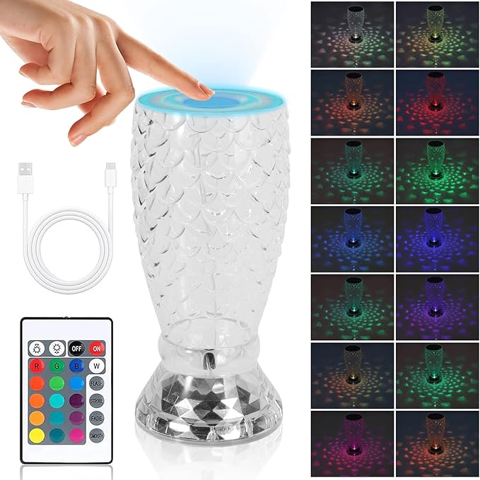 MIFXIN Crystal Table Lamp RGB 16 Colors Changing Remote Control Touch Diamond Lamp USB Charging Decorative Acrylic Led Bedside Light Desk Lamp for Bedroom Living Room Kids Room (Fish Scale)