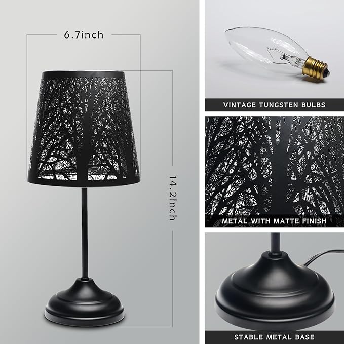3 Level Dimmable Touch Table Lamp, Black Metal Tree Pattern Shadow Lamp, Small Bedside Night Light for Kids, Vintage Accent Decor Lamp Halloween Indoor Mood Lighting Bedroom Living Room Small Spaces