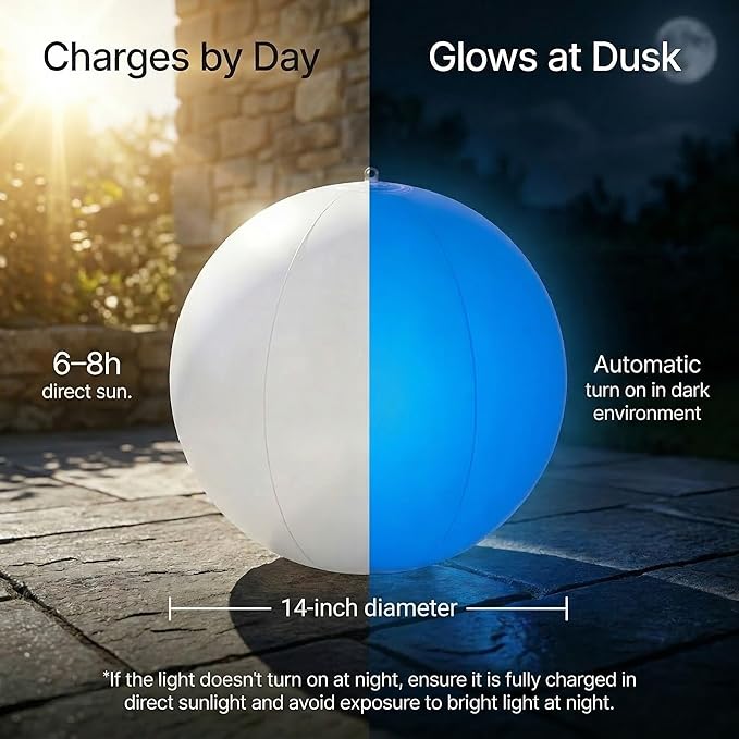 Solar Floating Pool Lights - Pack of 2 Solar Powered Color Changing 14-inch Balls - Float or Hang in Pool Garden Backyard Pond Party Decorations - Inflatable Wateproof