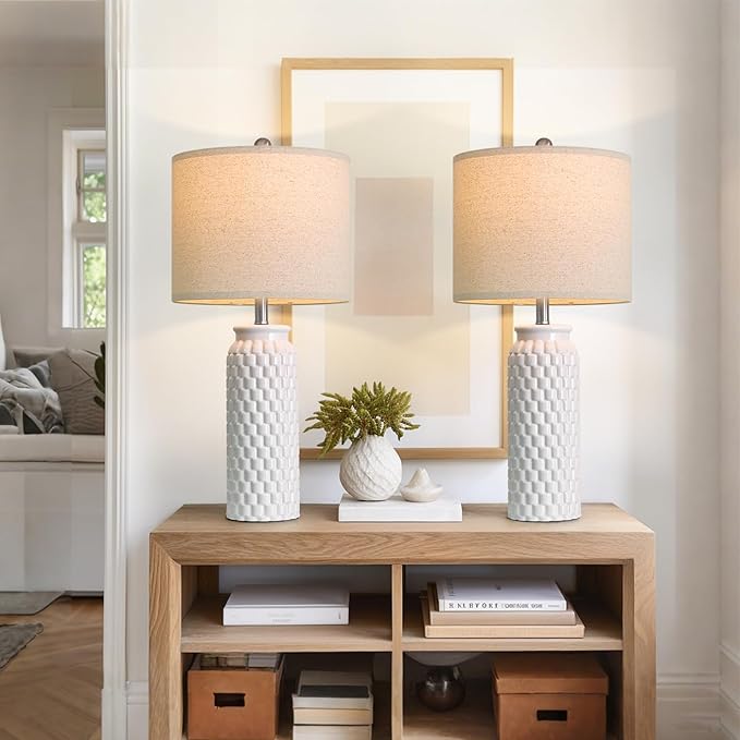 27" White Modern Ceramic Living Room Lamps Bedside Lamp Set of 2 for Bedroom Decor Farmhouse Table Lamp for Living Room Office Dorm