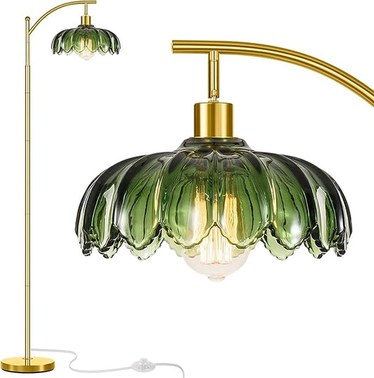 Gold Floor Lamp for Living Room,Unique Vintage Standing Tall Lamp,Mid Century Modern Floor Lamps Arc Green Glass Floor Lamps for Office Corner