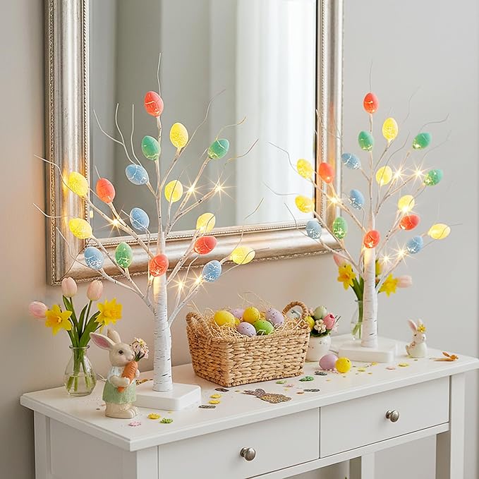 PEIDUO Easter Decorations, 2 Pcs Lighted Easter Tree with 36 Eggs, Battery Powered Birch Tree with Timer for Spring Decoration Indoor Decor (22inch /24 LEDs