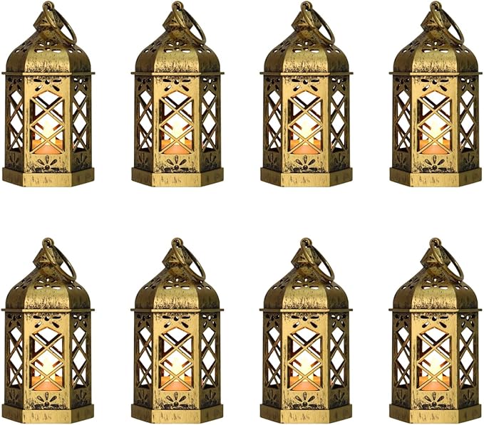 8-Pack Mini Lanterns with Flickering LED Candles for Ramadan, Small Decorative Hanging Lanterns for Halloween, Christmas, Wedding, Gold Lantern for Table Centerpiece, Garden Party Decor