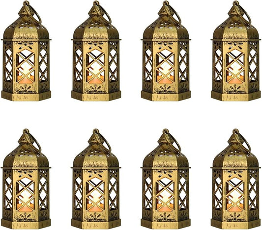8-Pack Mini Lanterns with Flickering LED Candles for Ramadan, Small Decorative Hanging Lanterns for Halloween, Christmas, Wedding, Gold Lantern for Table Centerpiece, Garden Party Decor