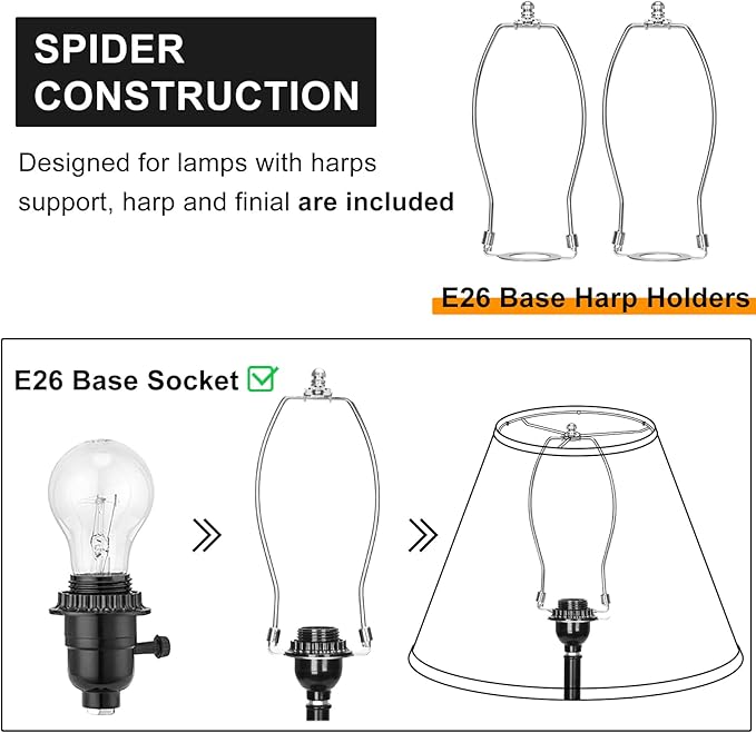 Black Lamp Shades Set of 2, 6" Top x 16" Bottom x 10.8" High, Empire Large Lamp Shades Replacement for Table Lamps Floor Lamps, Natural Linen Lampshades, Spider, Harp Holders Included, Easy Assembly