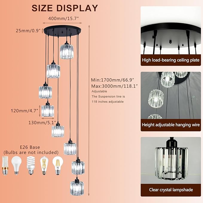 High Ceiling Long Pendant Light Fixtures Modern Crystal Hanging Chandeliers Flush Mount Ceiling Light for Spiral Staircase Entryway Foyer, Black (8-Lights)