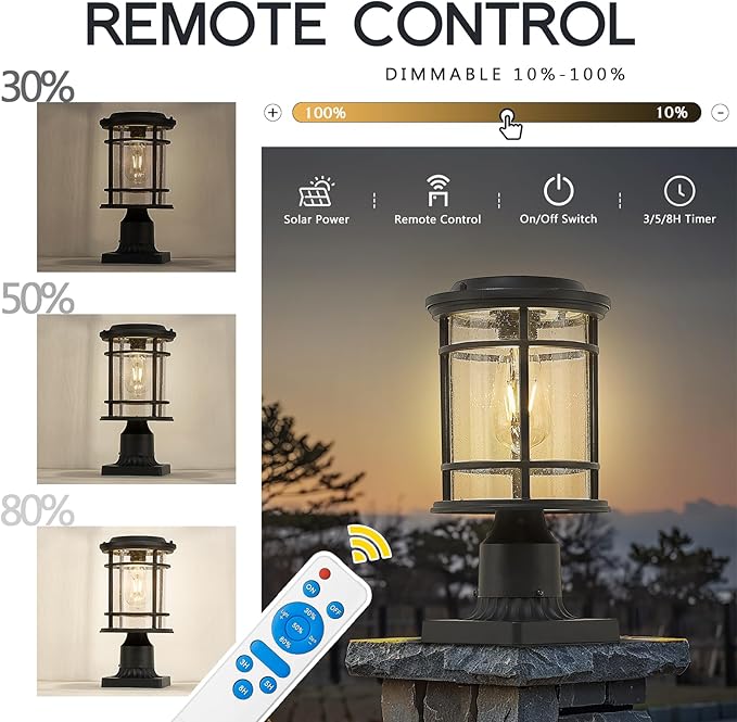 Emliviar 13 Inch Outdoor Solar Post Light, Dusk to Dawn Post Lighting Fixture with Remote Control, Removable Pier Mount with Seeded Glass, XE229P-SL BK