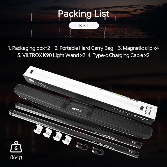 VILTROX K90 2 Pack RGB Tube Light, 30W 38inch Large RGBWY Photography LED Video Stick Light Wand with APP/2.4G/Remote Control, CRI 97+, 26 Scenes, 2500K-8500K, 14.8V/3300mAh Battery, Magnetic Chip