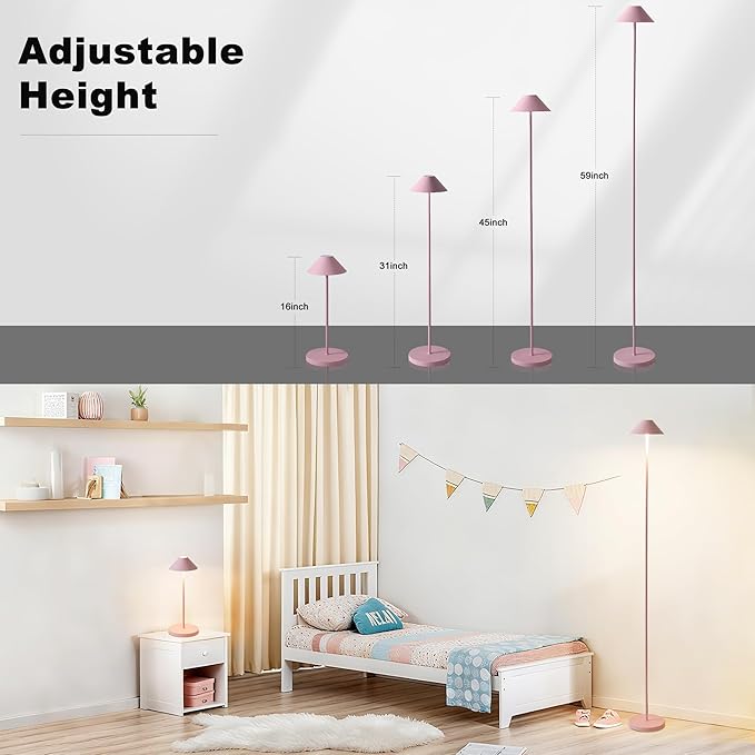 Rechargeable Floor Lamp for Indoor/Outdoor, Cordless Tall Standing Lamp with 3 Color Temps & Dimmable, IP43 Waterproof, Adjustable Height 16-59 Inch, LED Floor Lamp for Living Room, Patio(Pink)