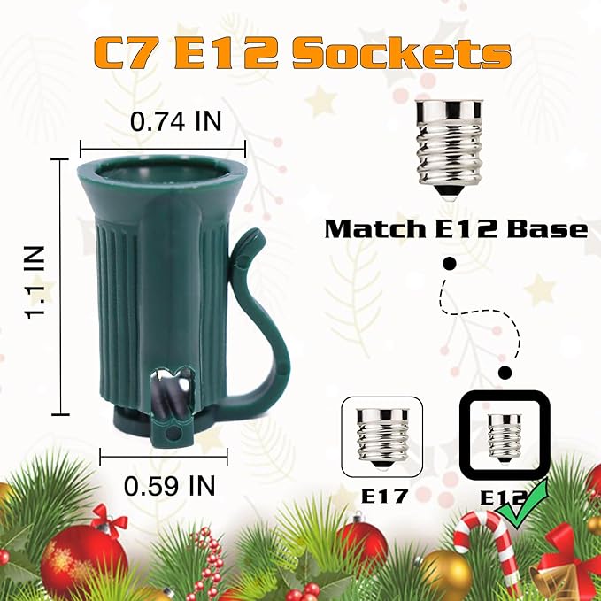 1000FT C7 Light String Christmas Stringer, E12 Christmas Sockets 12" Spacing, C7 Stringer Set Green Outdoor String Light for Wedding Patio Event Lighting Decor, Green Wire