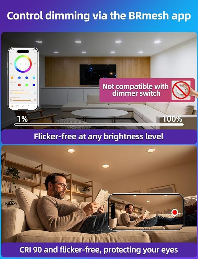 Retrofit LED Recessed Lighting 5/6 Inch, Color Changing, 13W Bluetooth APP Control, Color Temperature Tunable 2700K-6000K, ETL (6 Pack)