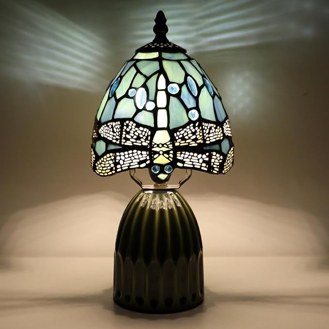 Tiffany Lamp Stained Glass Mushroom Table Lamps 6X6X12.5 Inch Sea Blue Dragonfly Style Small Night Light Ceramic Base Mini Accent Desk Light Suitable for Bedside Table Bedroom Children Room