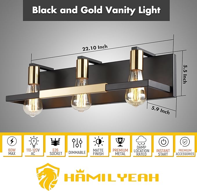 Hamilyeah Rustic Bathroom Light Fixtures Over Mirror, Matte Black and Gold Vanity Lights for Bathroom, 3 Light Vintage Wall Lighting Fixtures,Industrial Kitchen Wall Mounted Lighting