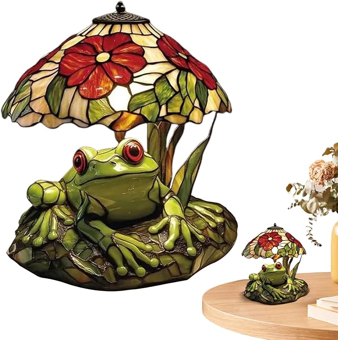 Table Lamp, Frog and Flower Shaped Tables Lights, Rustic Garden Style Stained Glass Tables Lamp, Small Bedside Lamps, Decorative Lamps for Dining Room Nursery Nightstand Home Bedroom Bookshelves
