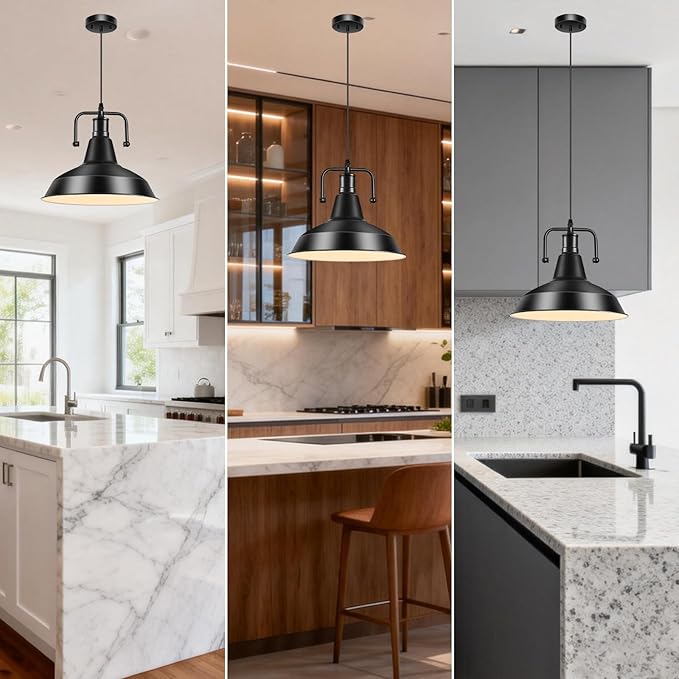 3PCS Farmhouse Pendant Light for Kitchen Island, Black Pendant Lights Fixtures with Metal Shade, Industrial Barn Hanging Lights for Hallway, Kitchen, Sink, Dining Room, Living Room（Bulb not Included）