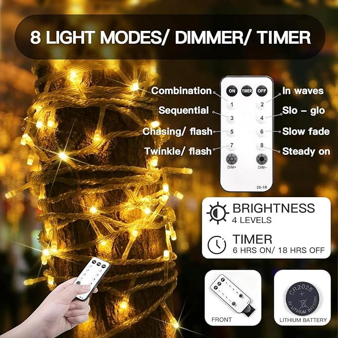 suddus 100 LED String Lights with Remote Control, 33ft Connectable Clear Wire Fairy Lights, 8 Modes & Timer Dimmable, Waterproof Plug in Twinkle Lights for Bedroom, Patio, Christmas Tree - Warm White