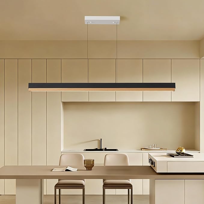71" Wood Linear Pendant Light, Wood Linear Chandelier with Remote, 24W LED Dimmable Pendant Lights Kitchen Island, Modern Hanging Chandelier for Dining Room, Bar, Pool Table-Natural