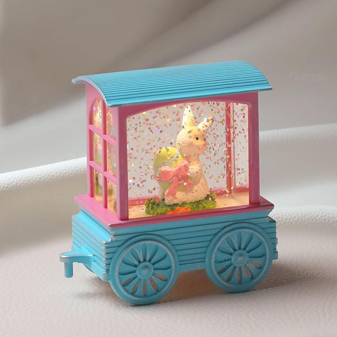 Easter Snow Globe Lighted Bunny Snow Globes with 6H Timer and Manual Glitter, Light Up Easter Decorations for Home Indoor Bunny Decor Gift with Train Gnome Chicken Eggs, Battery Operated