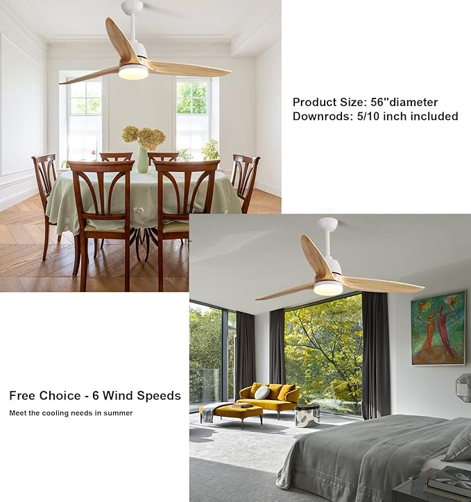 56”Ceiling Fans with Lights Remote Control, Dimmable LED and Reversible DC Motor,Wood Ceiling Fan Perfect for Outdoor Indoor,Wood Blades, Matte White Body