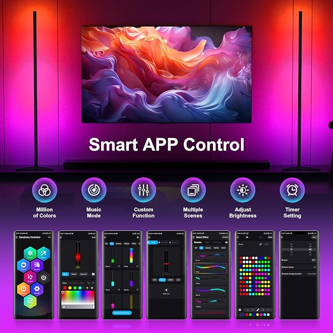 MIHEAL 2PCS Black Corner Floor Lamp, Synced Lights LED Control Floor Lamp RGB Light 56" Smart LED Corner Lamp App and Remote for Living Room Gaming Bedroom and Etc