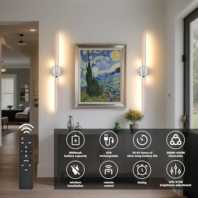 Wireless Battery Operated Wall Sconces with Remote, USB Rechargeable Led Wall Lights, 3000K-6000K Wireless wall sconces for Bedroom, Hallway, Living Room. Chrome 31.4-Inch Wall Light Set of Two