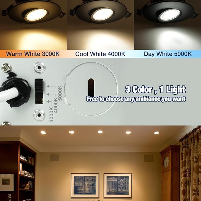 Sublimation Black Black 1 Pack 3 Inch 3CCT Gimbal Led Recessed Light with Junction Box 10w,Waterproof recessed Lights for Shower,3 Colors Adjustable