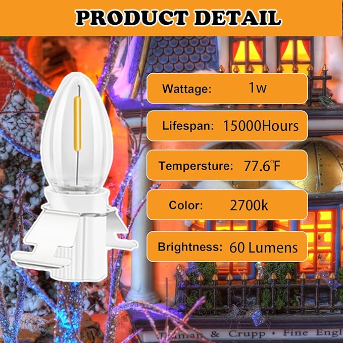 Christmas Village Lights with 5 LED Warm-White Bulb and Female Plug, 8.8ft with Spare Fuse, Decoration for Halloween Pumpkins and Christmas Village Houses