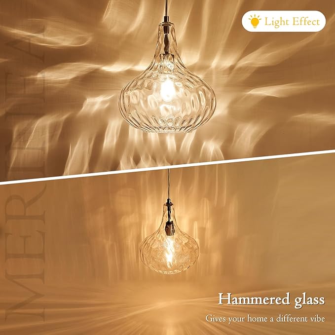 11" Blown Hammered Glass Pendant Light – Matte Black Ceiling Light for Kitchen Island, Dining Room, Hallway – E26 Base Hanging Fixture