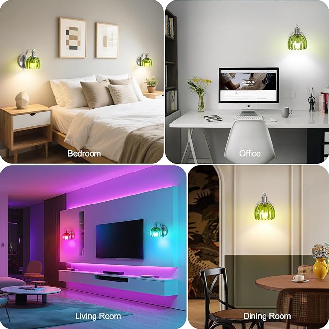 Rechargeable Battery Operated Wall Sconce with Green Glass Lampshade, Wireless Wall Scone Decor with Remote Control, 15 Colors Brushed Nickle Wall Light for Bedside Hallway Bedroom Doorway