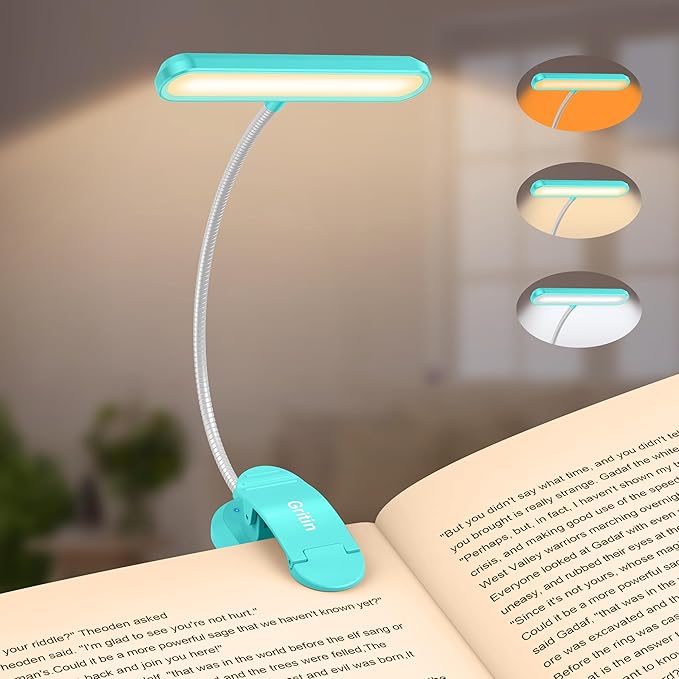 Gritin Rechargeable Book Light for Reading in Bed with 19 LED &Memory Function-Eye Caring 3 Color Temperatures,5 Brightness Levels,90 Hrs Runtime Flexible Goose Neck Clip on Light-Blue