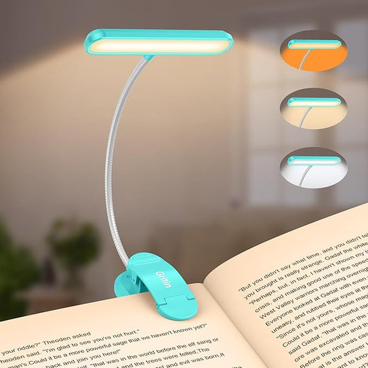 Gritin Rechargeable Book Light for Reading in Bed with 19 LED &Memory Function-Eye Caring 3 Color Temperatures,5 Brightness Levels,90 Hrs Runtime Flexible Goose Neck Clip on Light-Blue