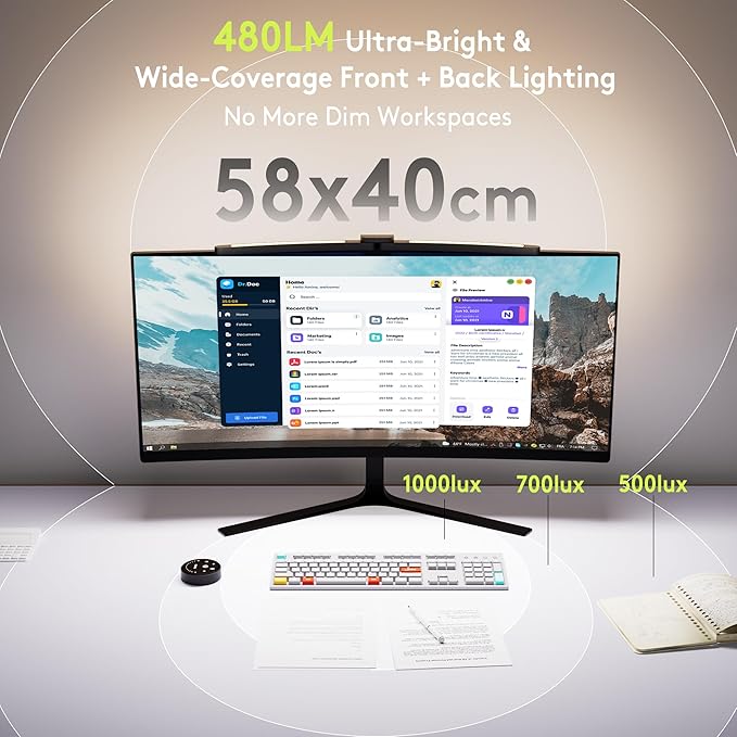 Quntis 1000R Curved Monitor Light Bar, Dual Adjustable Led Desk Lamp with Remote - Independently Rotate 2 LED Arc-Shaped Light Bars Specially Designed for Curved and 34'' Large Screen