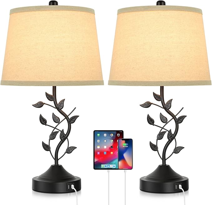 3-Way Dimmable Touch Table Lamps for Living Room Set of 2 Traditional Lamps for Bedroom with 2 USB Charging Ports Bedside Nightstand Lamps for Reading Retro Vine Lamps End Table Office, Bulbs Included