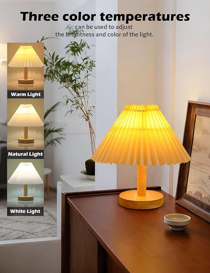 2-Piece Small Desk Lamp, Modern Dimmable Three-Color Wooden Base Sleep Night Light for Bedroom Bedside Table, Study Reading Desk Lamp for Living Room and Office Use