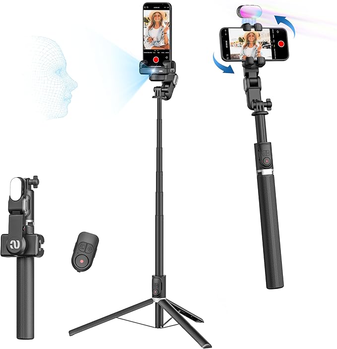 AOCHUAN Auto Face Tracking Tripod 360 Rotation w/Stand,Selfie Stick Tripod for iPhone Android w/RGB Light,Remote Control,Phone Stand Follow You for Video Recording for TikTok Vlogging(M2Pro Black)