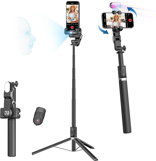 AOCHUAN Auto Face Tracking Tripod 360 Rotation w/Stand,Selfie Stick Tripod for iPhone Android w/RGB Light,Remote Control,Phone Stand Follow You for Video Recording for TikTok Vlogging(M2Pro Black)