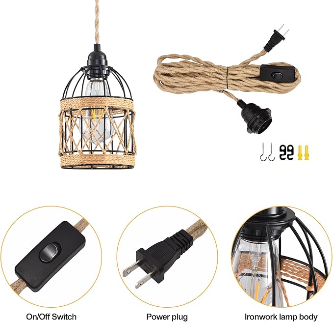 Plug in Pendant Light, Industrial Hanging Light with Plug in Cord Hemp Rope On/Off Switch Farmhouse, Vintage Pendant Light Fixture, Hanging Lamps for Dining Room