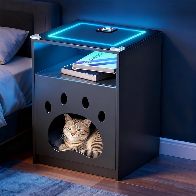 Night Stand with Charging Station and LED Lights Smart Bedside Table Adjustable RBG Lighting Decorative Cat Door Modern Nightstand Glass Tabletop Wood End Tables for Bedroom,Office