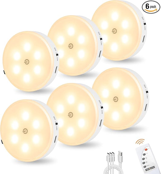 Puck Lights with Remote Control, Under Cabinet Lighting with Magnetic, Cordless, 1200mAh Rechargeable Stick On Lights for Under Cabinet, Hallway, Stairway, Closet (Warm White, 6pcs)