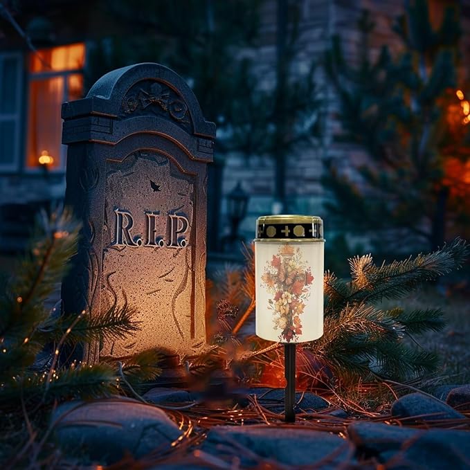Cross and Flroal Prayer Cemetery Solar Lights for Grave Cemetery Decor Candle Lamp Solar Powered Landscape Lights for Grave