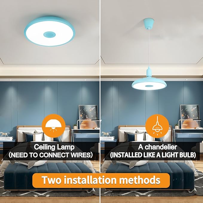 Sky Blue Waterproof LED Ceiling Light Fixture,Music Ceiling Lamp,with Bluetooth Speaker,11Inch 18W, 2700K-6500K Dimmable RGB Color Changing Light with Remote Control,Suitable for Boys' Room