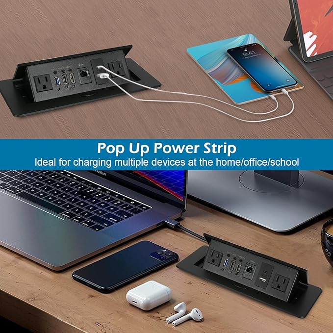 Table Pop Up Outlet, Desktop Pop Up Socket Center Countertop Socket Multimedia Strip Socket Connection Box Countertop with USB 3.0/2×AC/2×HDMI/USB-A/USB-C/LAN for Conference Desk Office (Black-3)
