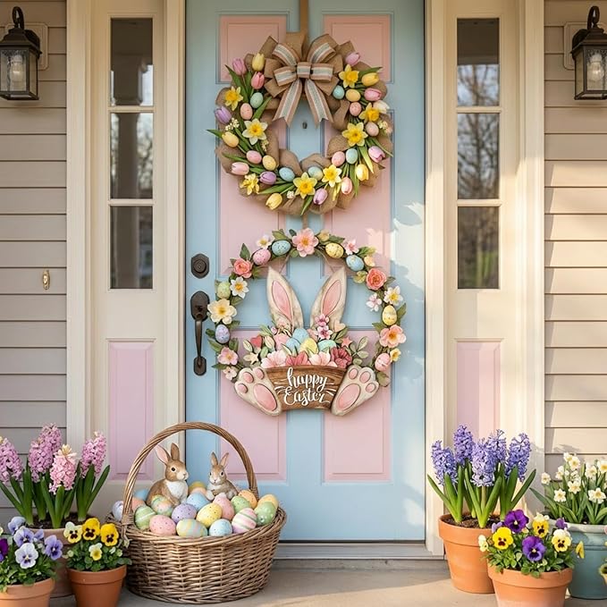 Happy Easter Door Decorations Hanging Sign for Decor for Frontdoor 11.8 Easter Eggs Hanging Plaque Bunny Rabbit Sign Wall Hanger Floral Spring Decor for Front Door Porch Yard Wall Home Decorations
